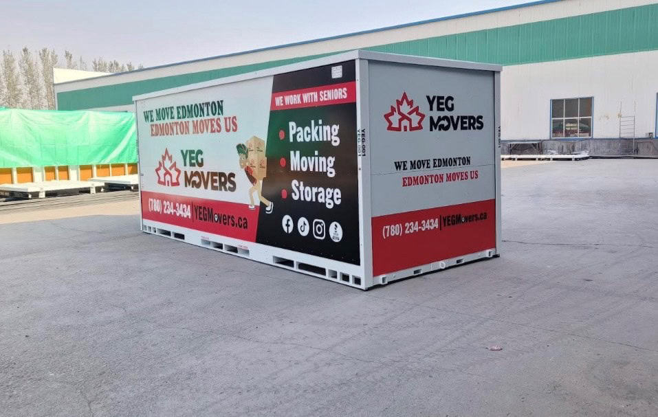 YEG Movers storage container in Edmonton parking lot.